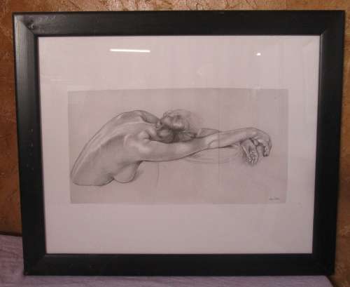 A MARVELOUS SKETCH/PRINT OF A NUDE LADY BEHIND GLASS SIGNED BY VON HOVE
