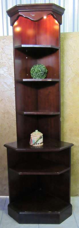 A BEAUTIFUL TALL MAOGNY FINISHED CORNER SHELF UNIT WITH LIGHTS AT THE TOP