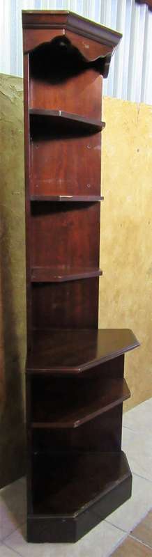 A BEAUTIFUL TALL MAOGNY FINISHED CORNER SHELF UNIT WITH LIGHTS AT THE TOP