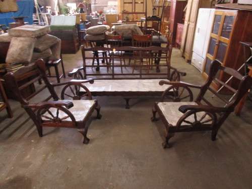 A FANTASTIC 3 PIECE IMBUIA LOUNGE SUITE WITH THE WAGAN WHEEL SIDES; ONE 3 SEATER &2 CHAIRS!