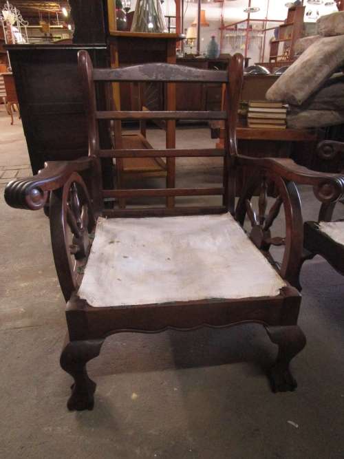 A FANTASTIC 3 PIECE IMBUIA LOUNGE SUITE WITH THE WAGAN WHEEL SIDES; ONE 3 SEATER &2 CHAIRS!