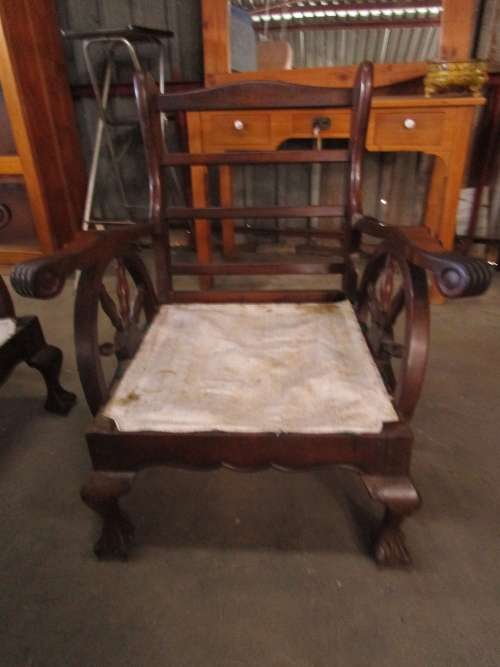 A FANTASTIC 3 PIECE IMBUIA LOUNGE SUITE WITH THE WAGAN WHEEL SIDES; ONE 3 SEATER &2 CHAIRS!