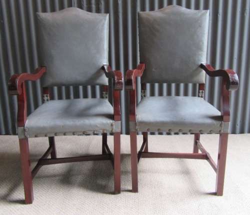 TWO AMAZING TURN OF THE CENTURY SOLID WOOD CARVER CHAIRS WITH BRASS DETAIL
