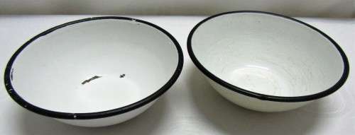 Pair of white enamel bowls