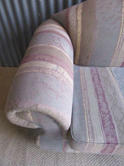 A VERY COMFORTABLE 3 SEATER SOFA FABRIC IS FAIR ONE OR TWO SCUFS - OR FOR RECOVERY