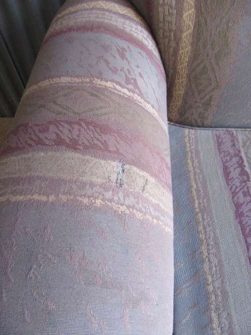 A VERY COMFORTABLE 3 SEATER SOFA FABRIC IS FAIR ONE OR TWO SCUFS - OR FOR RECOVERY