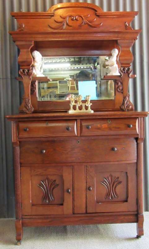 Antique Carved Oak Sideboard Buffet Server with Pillars Mirror & Candle Shelves
