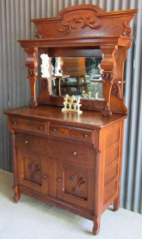 Antique Carved Oak Sideboard Buffet Server with Pillars Mirror & Candle Shelves