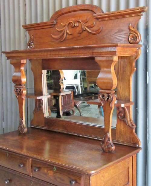 Antique Carved Oak Sideboard Buffet Server with Pillars Mirror & Candle Shelves