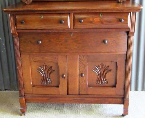 Antique Carved Oak Sideboard Buffet Server with Pillars Mirror & Candle Shelves