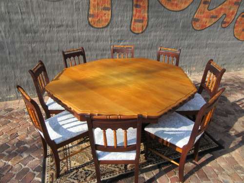 Yellowwood and Imbuia dining room suite including table, 8 x chairs