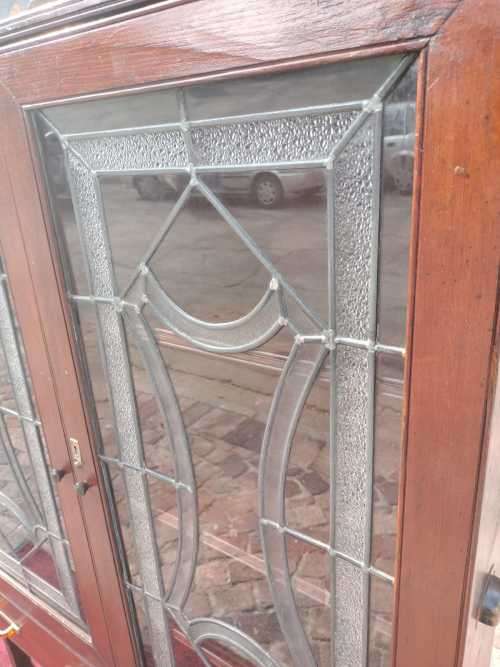 English Antique Oak Leaded Glass Door Bookcase / Display Cabinet