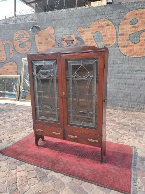 English Antique Oak Leaded Glass Door Bookcase / Display Cabinet