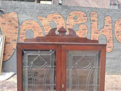 English Antique Oak Leaded Glass Door Bookcase / Display Cabinet