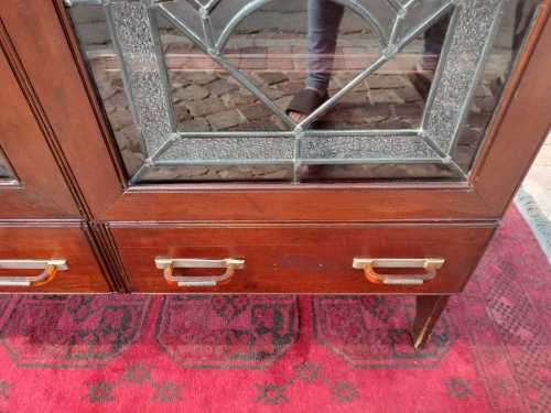 English Antique Oak Leaded Glass Door Bookcase / Display Cabinet