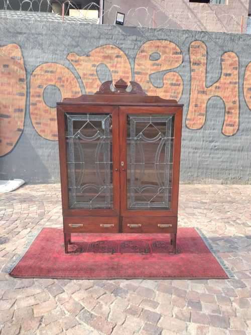 English Antique Oak Leaded Glass Door Bookcase / Display Cabinet