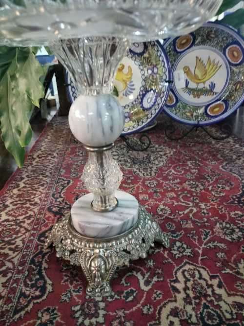 Elegant Cut Glass Cake or Fruit Stand with Marble and brass