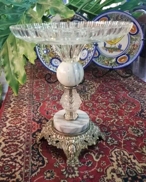 Elegant Cut Glass Cake or Fruit Stand with Marble and brass