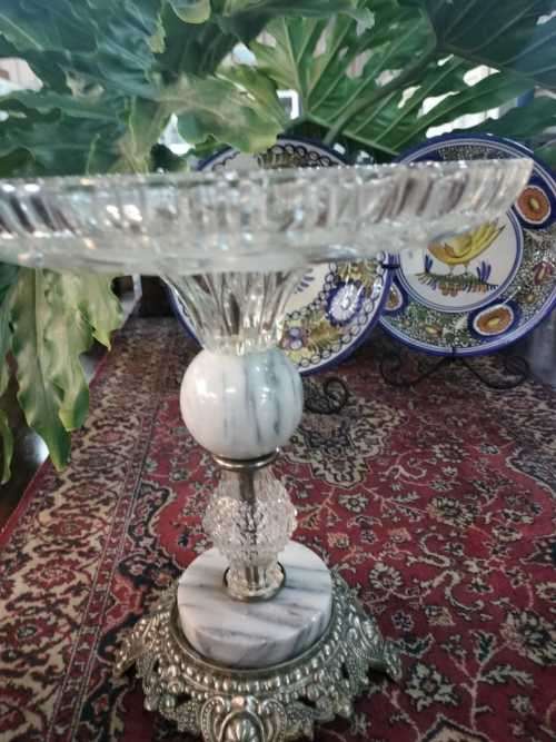 Elegant Cut Glass Cake or Fruit Stand with Marble and brass