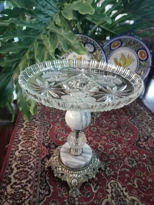 Elegant Cut Glass Cake or Fruit Stand with Marble and brass