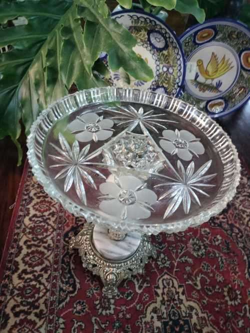 Elegant Cut Glass Cake or Fruit Stand with Marble and brass