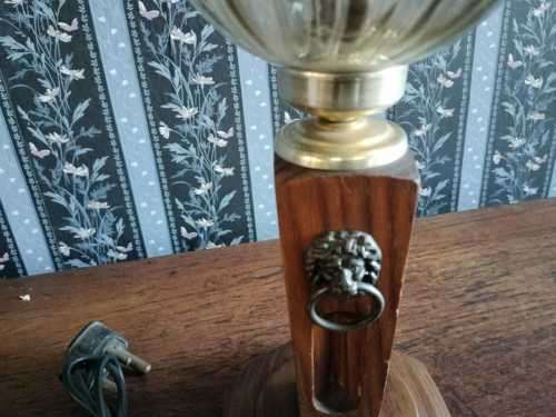 Vintage wooden table lamp with a glass shade