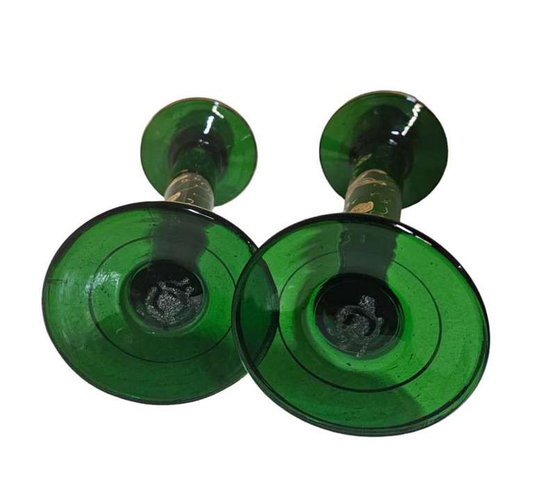 Stunning Emerald Green Hand Blown Gilded Glass Bohemian Candlesticks 29cm
