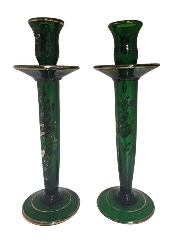 Stunning Emerald Green Hand Blown Gilded Glass Bohemian Candlesticks 29cm