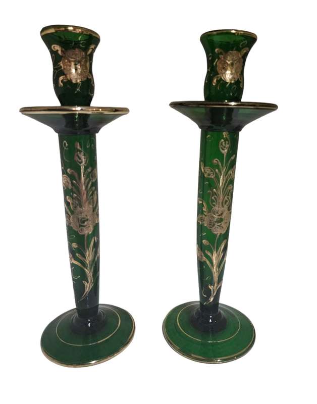 Stunning Emerald Green Hand Blown Gilded Glass Bohemian Candlesticks 29cm