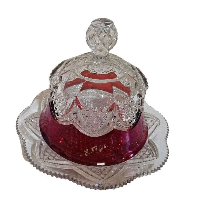 Exquisite antique souvenir butter/cheese dish features a stunning ruby stained glass