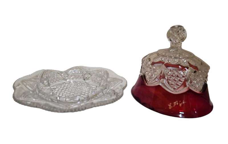 Exquisite antique souvenir butter/cheese dish features a stunning ruby stained glass