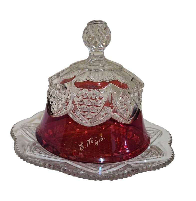 Exquisite antique souvenir butter/cheese dish features a stunning ruby stained glass