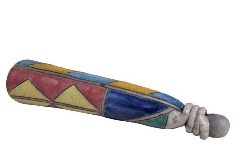 South African Raku Sgraffito Pottery Figure. Wonderful colors and glazing to this South African raku