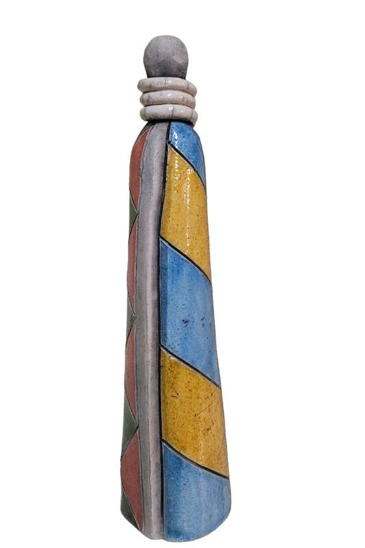 South African Raku Sgraffito Pottery Figure. Wonderful colors and glazing to this South African raku