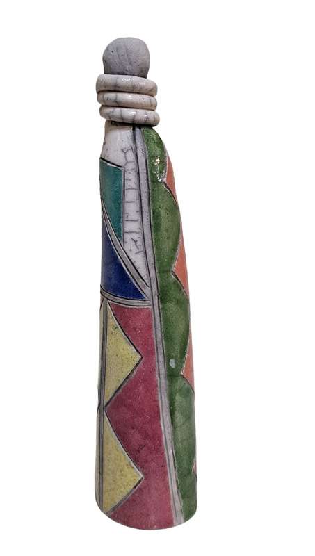 South African Raku Sgraffito Pottery Figure. Wonderful colors and glazing to this South African raku