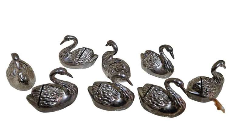 SET OF 8 Vintage French Elegant Swan Place Name Card Holders Beautifully Sculpted Silver Metal