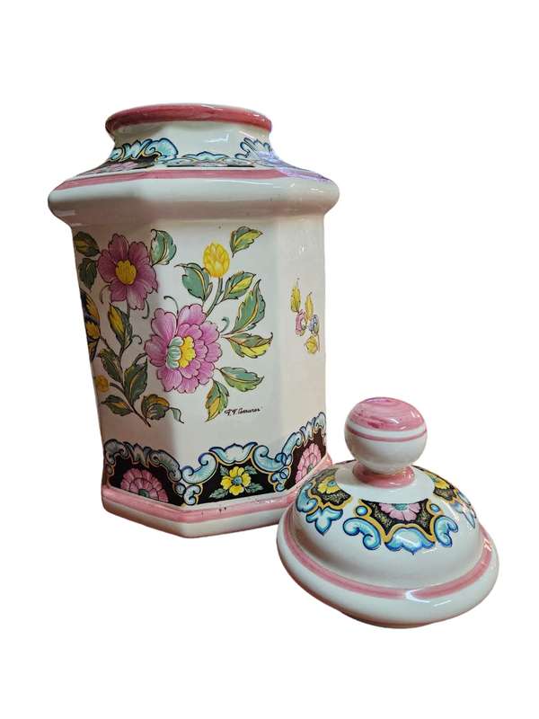 LARGE VINTAGE HEXAGONAL HAND PAINTED GINGER JAR