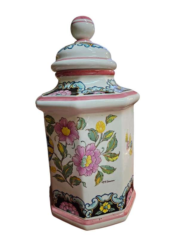 LARGE VINTAGE HEXAGONAL HAND PAINTED GINGER JAR