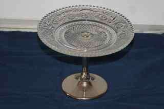 Clear, cut glass candy dish sits on a silver- tone (metal unknown) 3/4" base