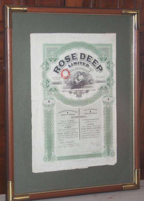 MAGNIFICENT SHARE CERTIFICATE OF ROSE DEEP LIMITED THE TRANSVAAL WITH BEAUTIFUL WOODEN FRAME
