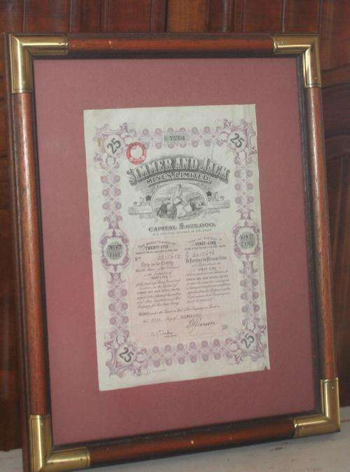 MAGNIFICENT SHARE CERTIFICATE OF SIMMER & JACKS MINES LIMITED WITH BEAUTIFUL WOODEN FRAME