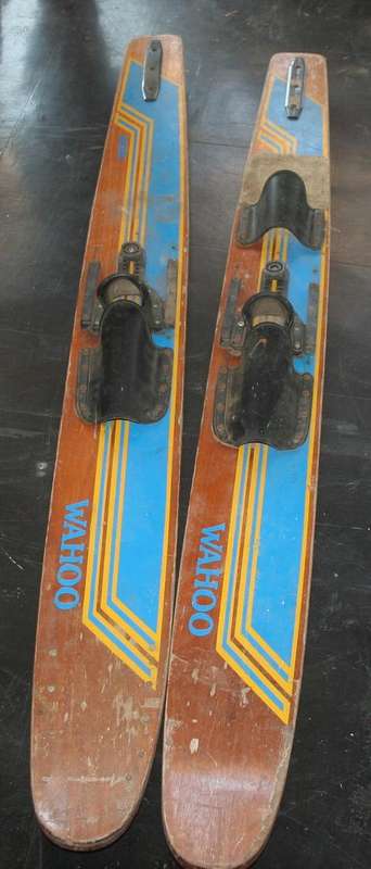 TWO SUPERB VINTAGE WAHOO WESTERN WOODEN WATER SKEES