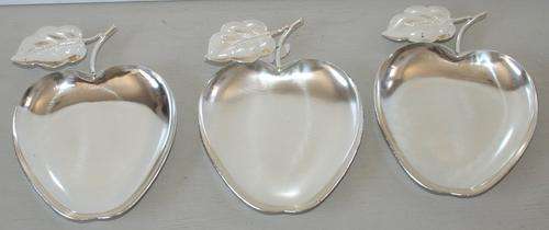 THREE SUPERB SILVER METAL DISHES IN APPLE SHAPE WITH DETAIL OF THE STEM AND LEAVE