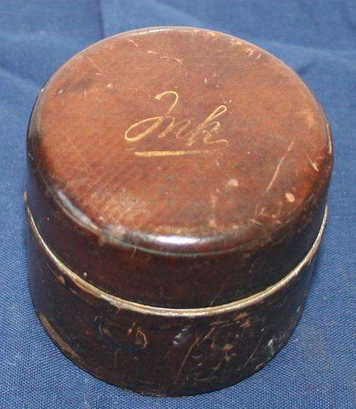 MAGNIFICENT ANTIQUE WOODEN INK POT HOLDER WITH GLASS BOTTLE AND BRASS INLAYS