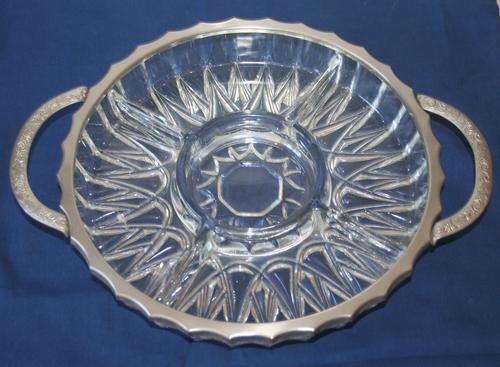 SUPERB CUT GLASS SNACK DISH WITH SILVER PLATED TRIM MARKED MADE IN ENGLAND