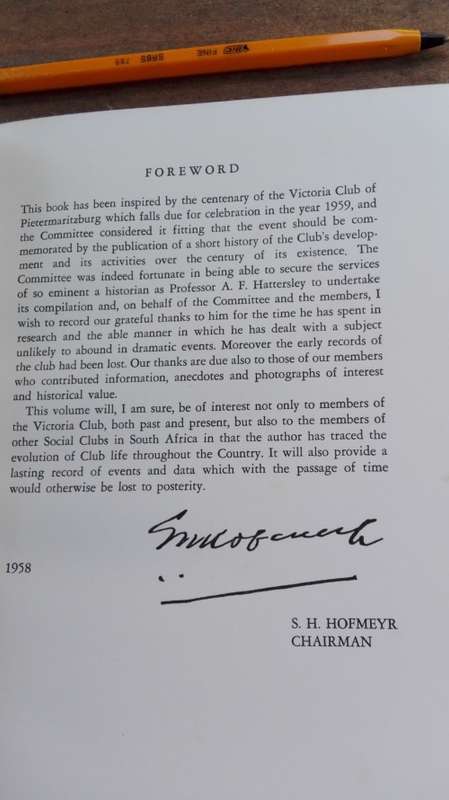 THE VICTORIA CLUB PIETERMARITZBURG 1859-1959 ALAN F HATTERSLEY (PMB history )