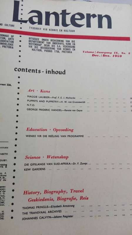 LANTERN MAGAZINE Volume 9 No 2 Oct/Okt -Dec /Des 1959 ( Thomas Pringle and Maggie Laubser articles)