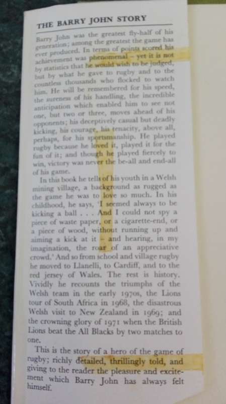 THE BARRY JOHN STORY AN Autobiography ( Great Rugby Flyhalf )