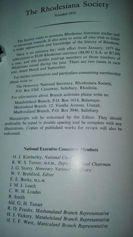 RHODESIANA  Publication 37 September 1977 The Rhodesiana Society Salisbury Rhodesia