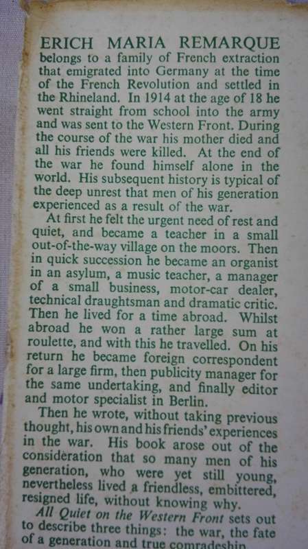 ALL QUIET ON THE WESTERN FRONT ERICH MARIA REMARQUE ( World War One WW1 )